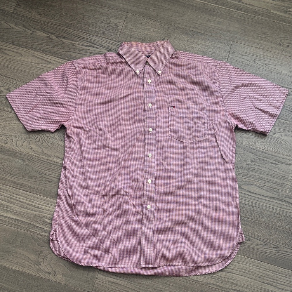 Tommy Hilfiger |Red White Micro-Check Short-Sleeve Button-Down 100% Cotton Large